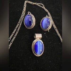 925 STERLING SILVER MEXICO BLUE CATS EYES EARRINGS AND PENDANT SET.